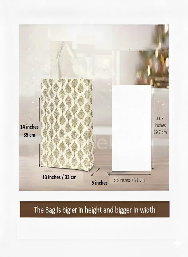 ekysa dekor Non-Woven Reusable Gift Bag With Gold Damask Print Perfect For Parties, Festivals (Diwali, Eid, Christmas), Baby Showers, Or Corporate Giveaways [Whitegold, 13X14X5 Inch, Pack Of 10] - Image 2
